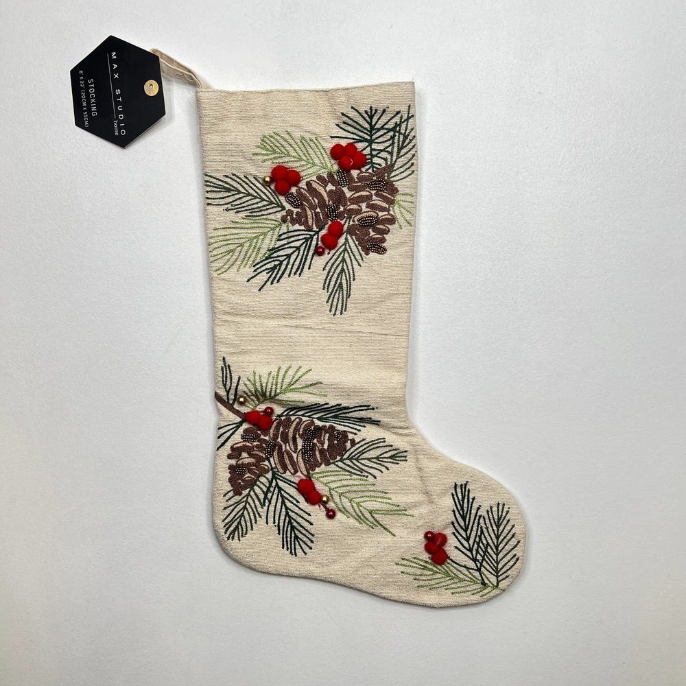 New Max Studio Embellished Christmas Stocking Holly Berry Pine Cones 22" Cotton